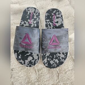 Reebok Black Gray Slide Sandals with Pink Logo